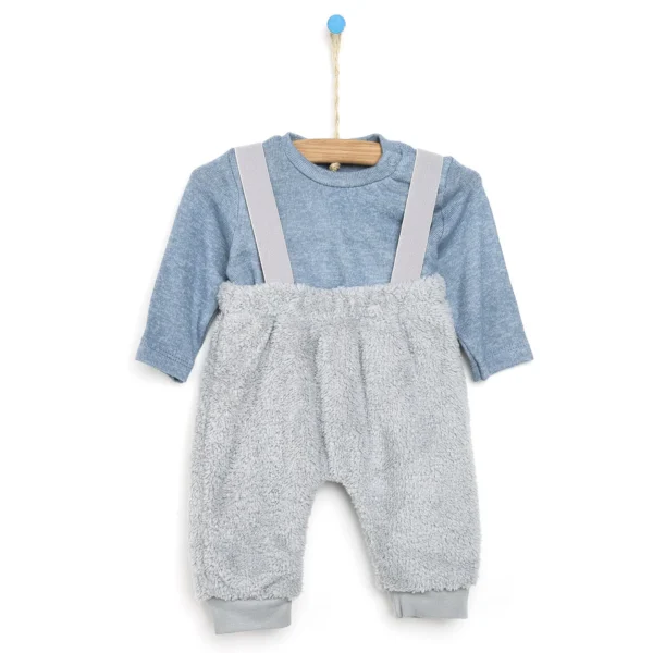 Gray Blue Welsoft Peluş Salopet-Sweatshirt Takım